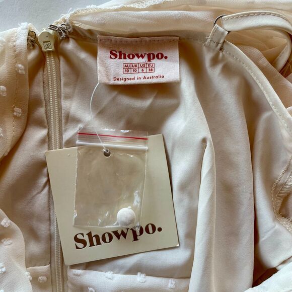 NWT Showpo. Tiahna Long Sleeve High Neck Ruffle Swiss Dot Dress in Cream Size 6 - Picture 7 of 15